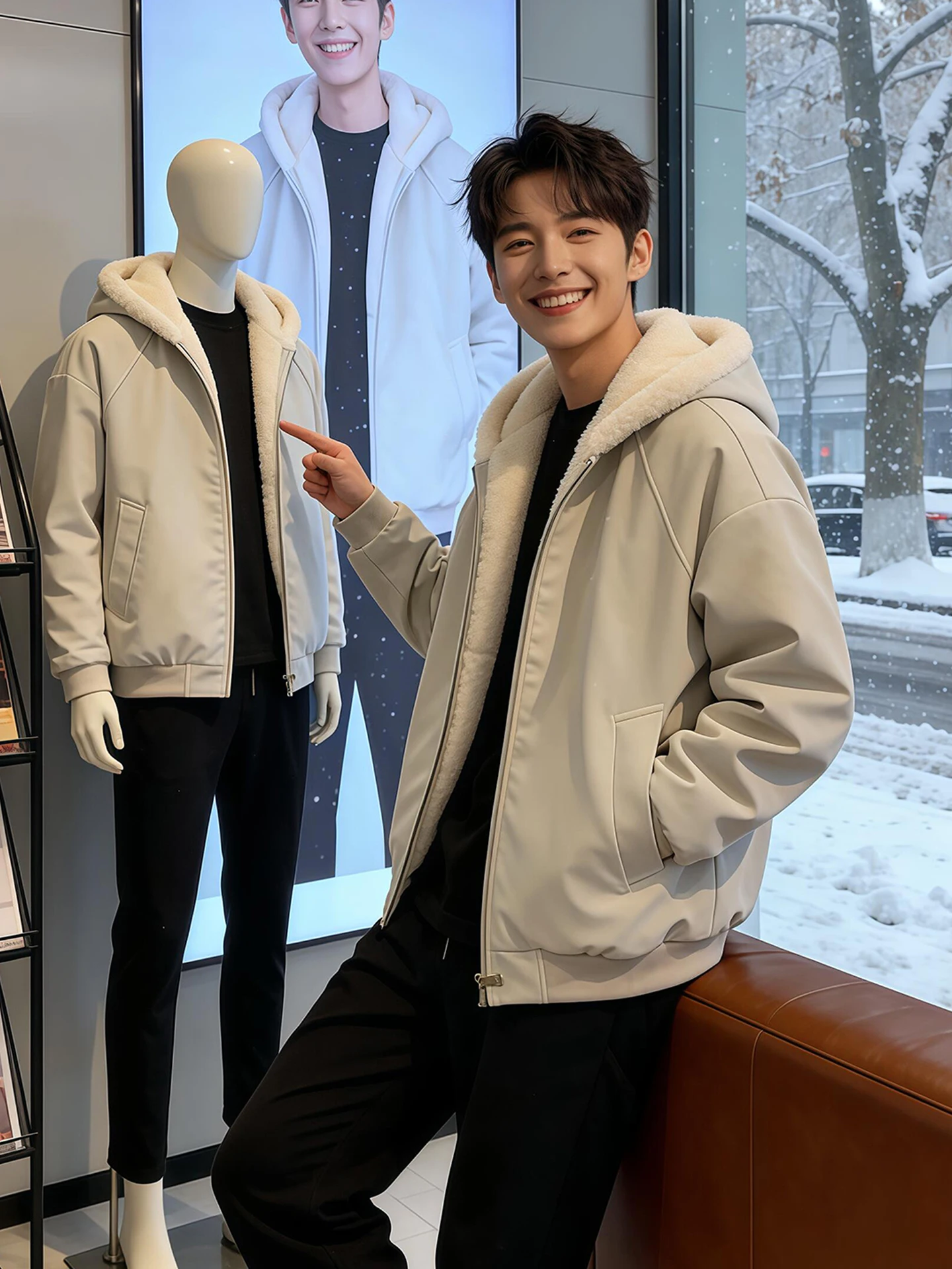 

Cleanfit American Sle Men's Winter Jaet Fce Lined Thi Fur Collar Hooded Cotton PU Leather eepskin Velvet Cotton Coat