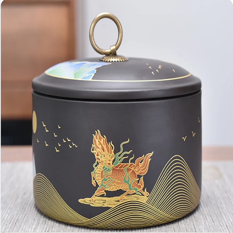 Painted Beast Ceramic Storage Jar Sealed Moisture-proof Tea Can with Lid Sundries Food Container Home Decor