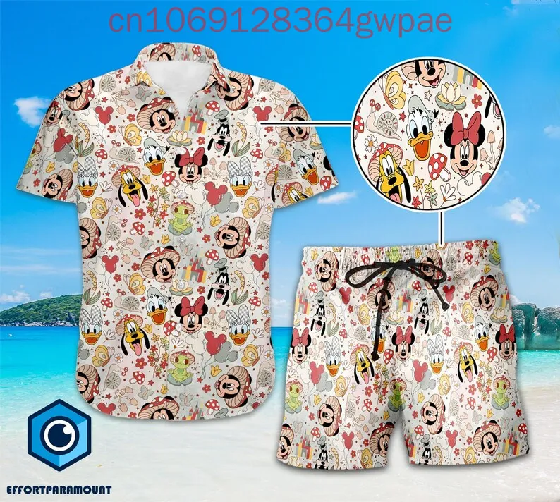 

Мужская и женская рубашка на пуговицах с Микки Диснеем, летний короткий костюм с рисунком мыши, гавайская пляжная рубашка, футболка с Микки Алоха, короткая