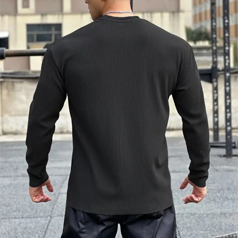 Loose long sleeve men's T-shirt outdoor casual solid color vertical grain men's shirt elastic fashion fitness sports men's wear
