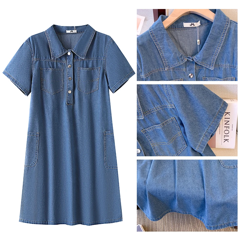 Plus size Women\'s Summer Casual Dress Blue denim fabric multi-pocket skirt lapel loose comfortable commuter dress 2XL-6XL