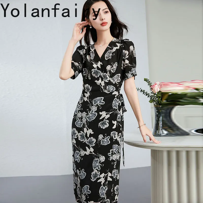 YOLANFAIRY 100% التوت الحرير فستان صيفي 2025 الكورية نمط Cinched الخصر فساتين الحفلات امرأة قصيرة الأكمام فستان أسود زهري
