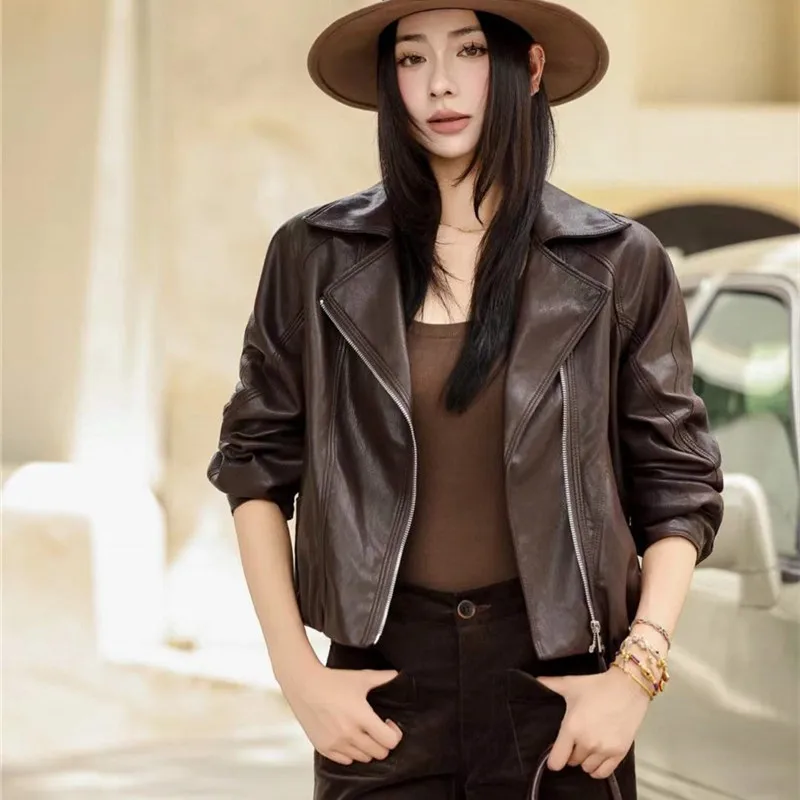 Coffee Color Black Faux PU Leather Jacket Autumn Women Casual Short Coat Lapel Long Sleeve Female Biker Jacket Chaqueta Mujer