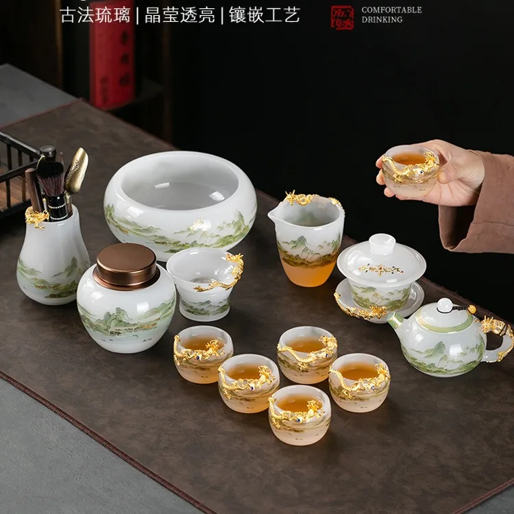 DSA glazed tea set, white jade ice kind, kung fu tea set, household cover bowl, high-end tea making office gift box.