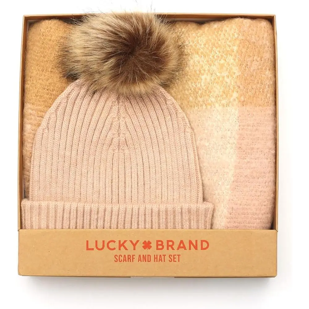 طقم وشاح نسائي منسوج وقبعة بوم - علبة هدية