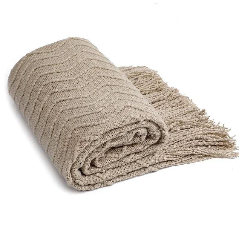 Khaki Wave Gift Knitted Blankets Textured Solid Soft Sofa Couch Cover Decorative Cozy Knitted Blanket with Tassels Blankets