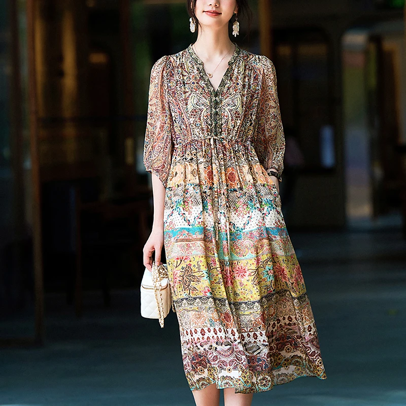 100% Real Silk Elegant Fashion Dresses for Women V-neck Three Quarter Sleeve Vintage Print Holiday Style Women's Long Dress