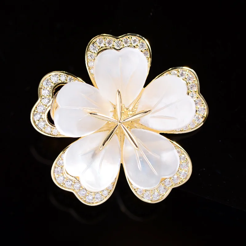Chinese Style Auspicious Lucky Blossom Brooch Natural Shell Petals Sparkling Zircon Gold Toned Elegant Women Suit Coat Lapel Pin