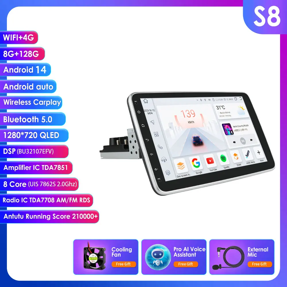 10.1 inch 360° draaibare 7862 Intelligent Screen 1din Android autoradio multimediaspeler voor universele GPS Carplay Auto 4G RDS