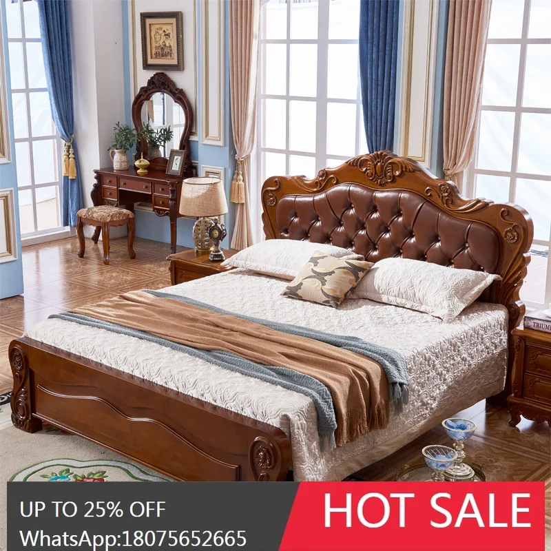 

SGF European Style Genuine Leather Bed Full Solid Wood High Box Bed Wood Carved Furniture Storage