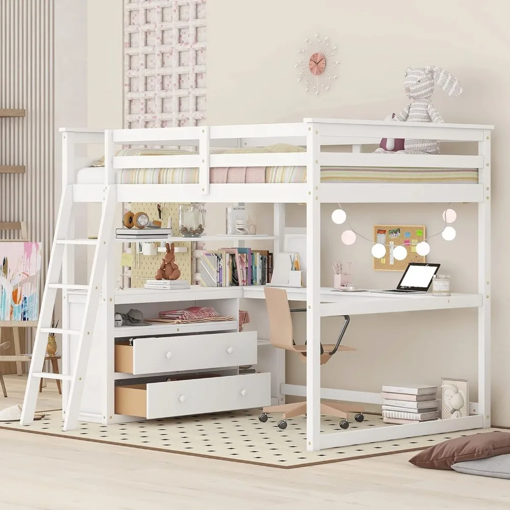 

Full Size Loft Bed with Desk and Shelves, Wooden Loft Bed Full with Storage Drawers for Kids Teens Boys Girls,No Box Spring