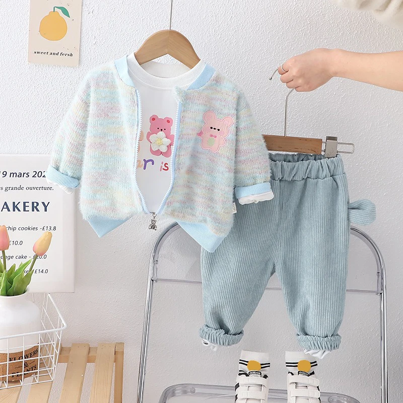 Spring Children Clothing Sets Baby Girls Coat T Shirt Pants 3 Piece Suit Kids Sportswear Cartoon Bear Infant Clothes Outfits