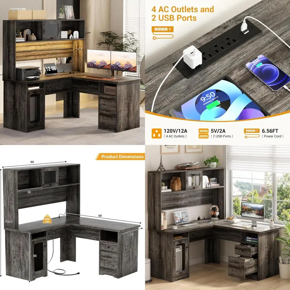 L-Shaped Desk with Power Outlet and LED Lighting, Corner Office Desk with File Cabinet Drawer