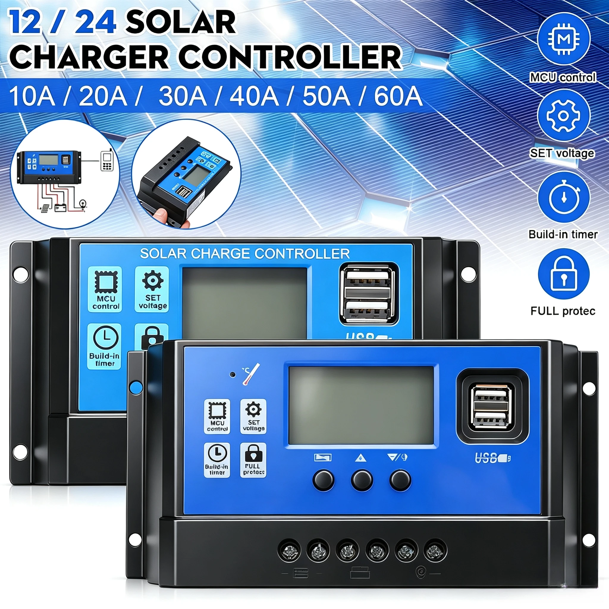 PWM Solar Charge And Discharge Controller 10/20/30/40/50/60/100A with LCD Display Dual USB Auto Solar Panel Charger Regulator
