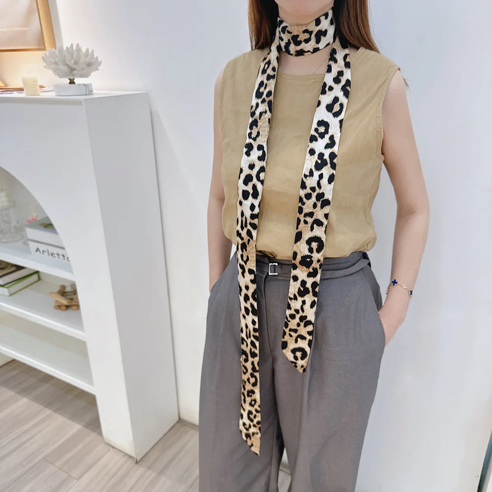 2 PC Women Long Narrow Silky Scarf 4*180cm Long Small Nekchief Leopard Print Multifunctional Fashion Clothing Accessories Wrap