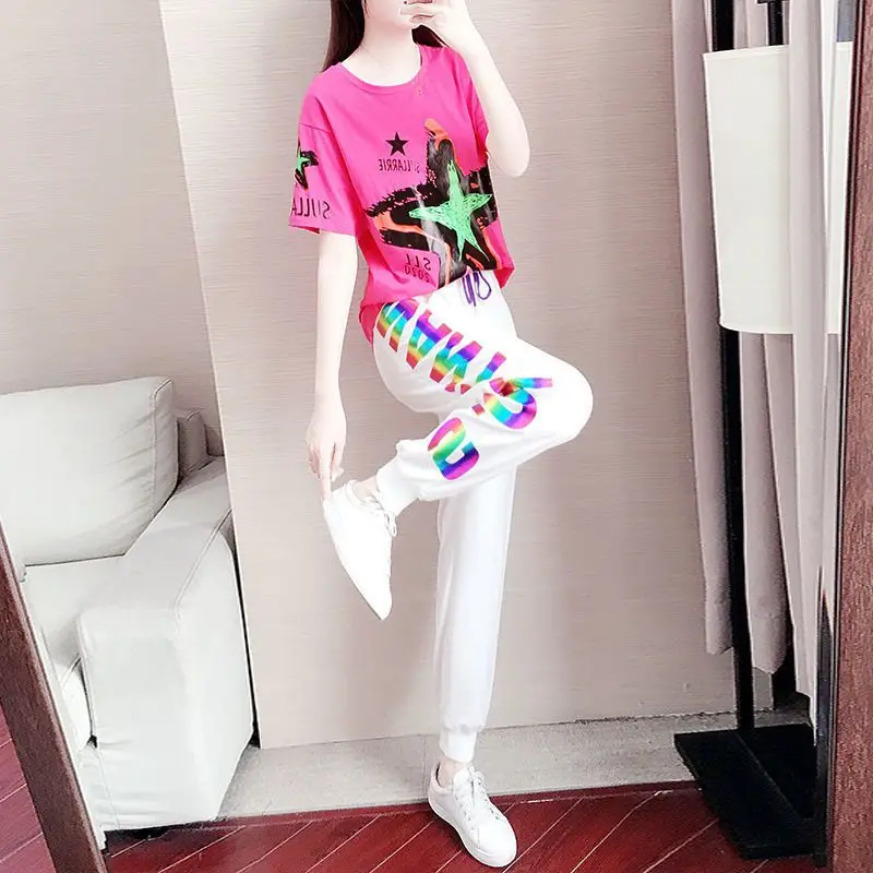 Women\'s 2023 Spring Summer New Casual Sports Suit Short Sleeved Printed T Shirt And Harem Pants Two Piece Set For Women Clothing