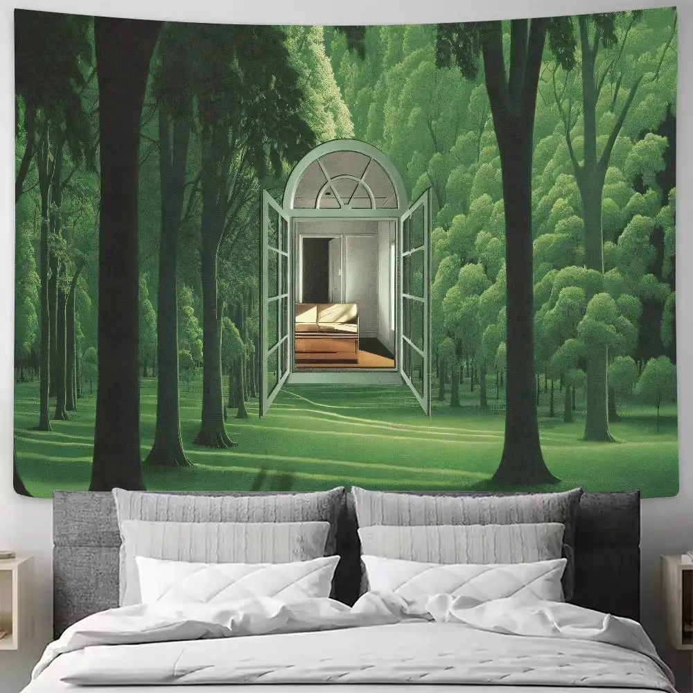 Surreal Forest Window Dreamlike Tapestry, Magical Green Woods Fantasy Surrealism Art Wall Aesthetic Nature Scene Wall Decor