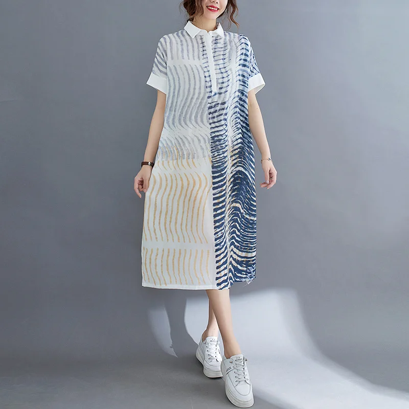 

#3219 Retro Cotton And Linen Midi Dress Women Turn-down Collar Shirt Dress Long Striped Print Vintage Dress Ladies Loose Summer