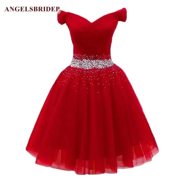 ANGELSBRIDEP-Robe en tulle bleu royal rouge, tenue de fête d'anniversaire, perles, courte, ligne A, remise de diplôme