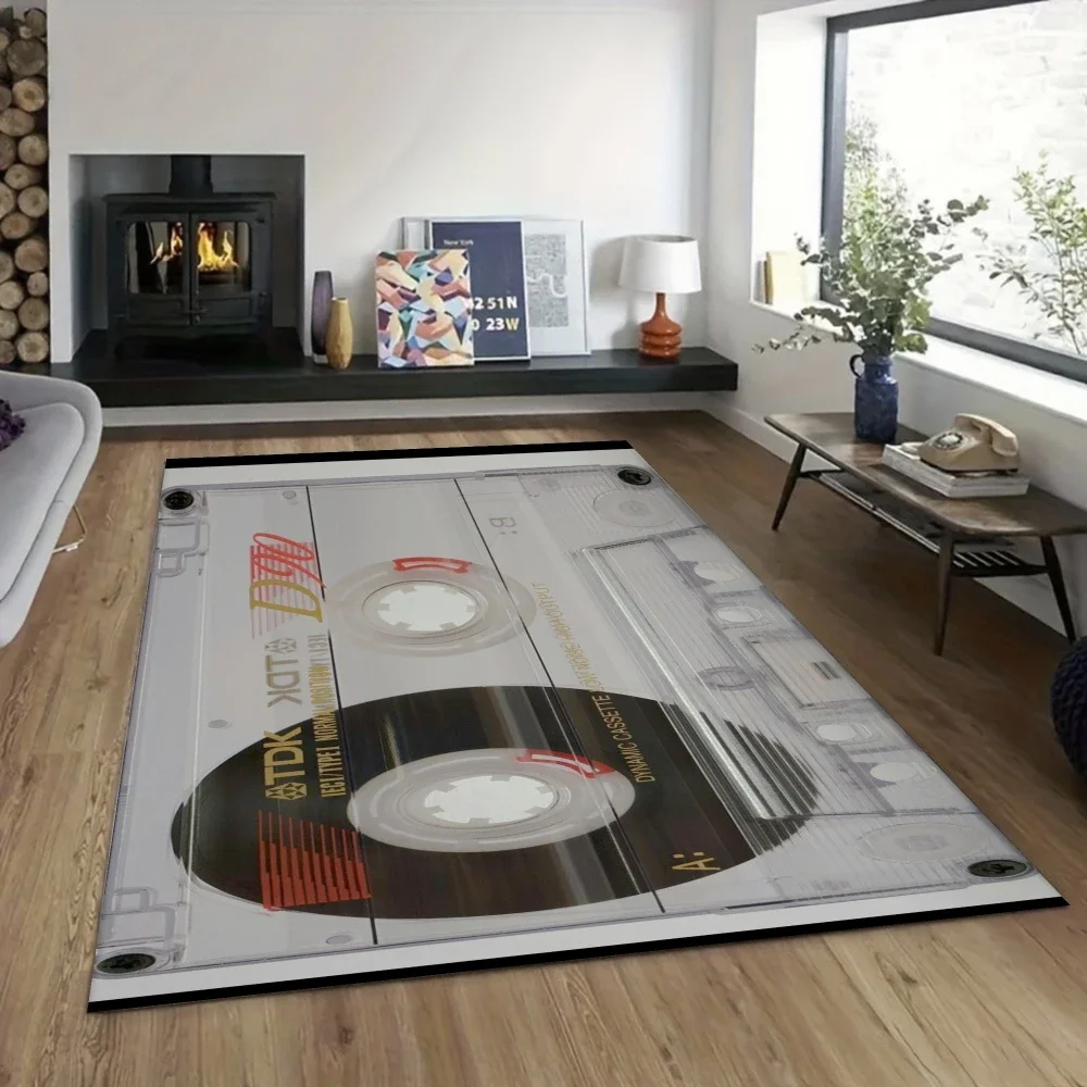 Vintage TDK Cassette Tape Pattern Rug, Gaming Room Carpet & Music Studio Floor Mat, Living Room Decor for 80s 90s Nostalgia