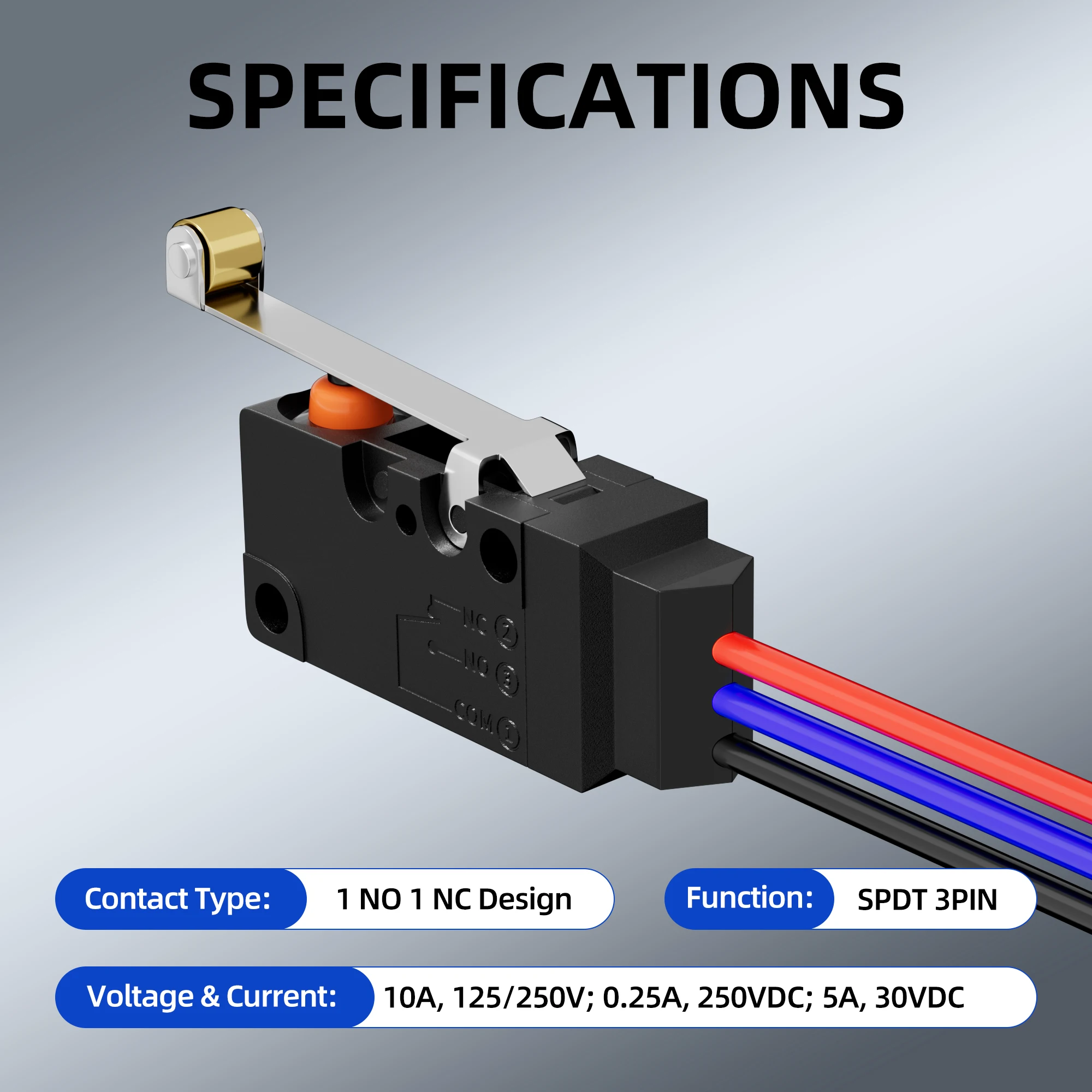 2PCS Waterproof Micro Limit Switch with Long Straight Roller Lever SPDT 3 PIN Pre-wired 10A 125 250V Micorswitch for Electronic