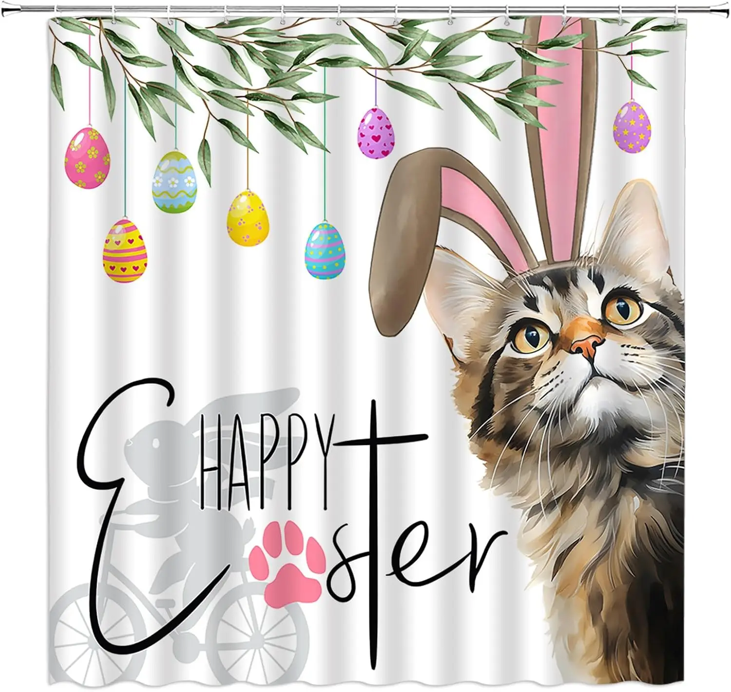 

Happy Easter Cat Rabbit Ears Pattern Waterproof Fabric Shower Curtain With Hooks Holiday Celebration Bathroom Decor Gift Idea