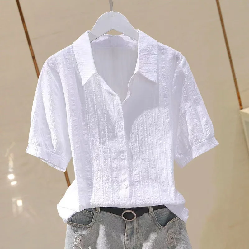 

White Pure Color ort Sve irt Women's Summer Top Breathable Cotton Button down Ne Straight Cut Commute Sle