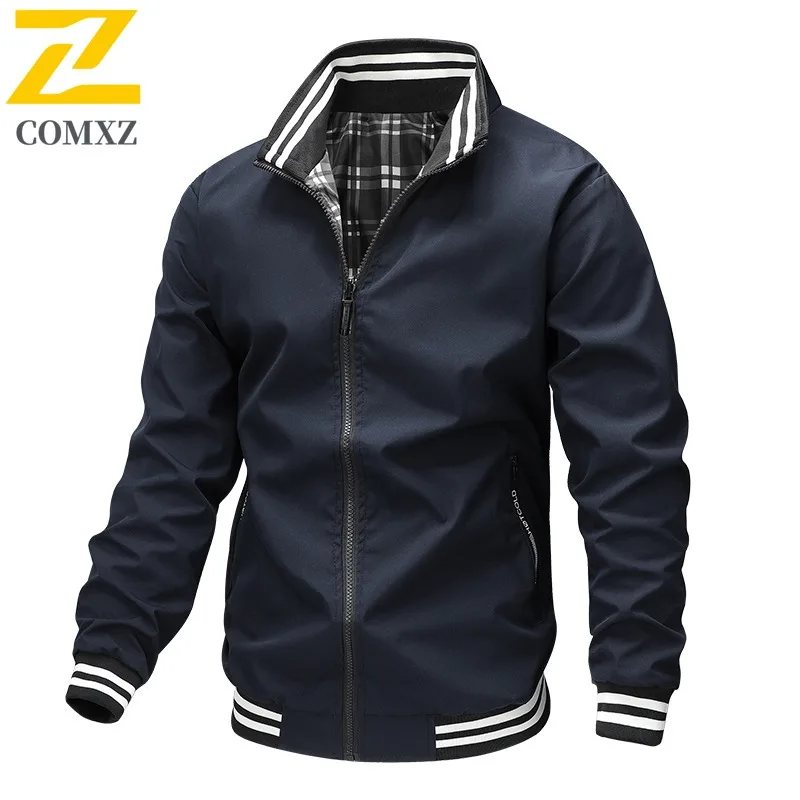 

COMXZ Men Jacket 2025 Standing Collar Pure Color Travel Business Office Breathable Light Luxury Jacket Autumn Coat with No Hood