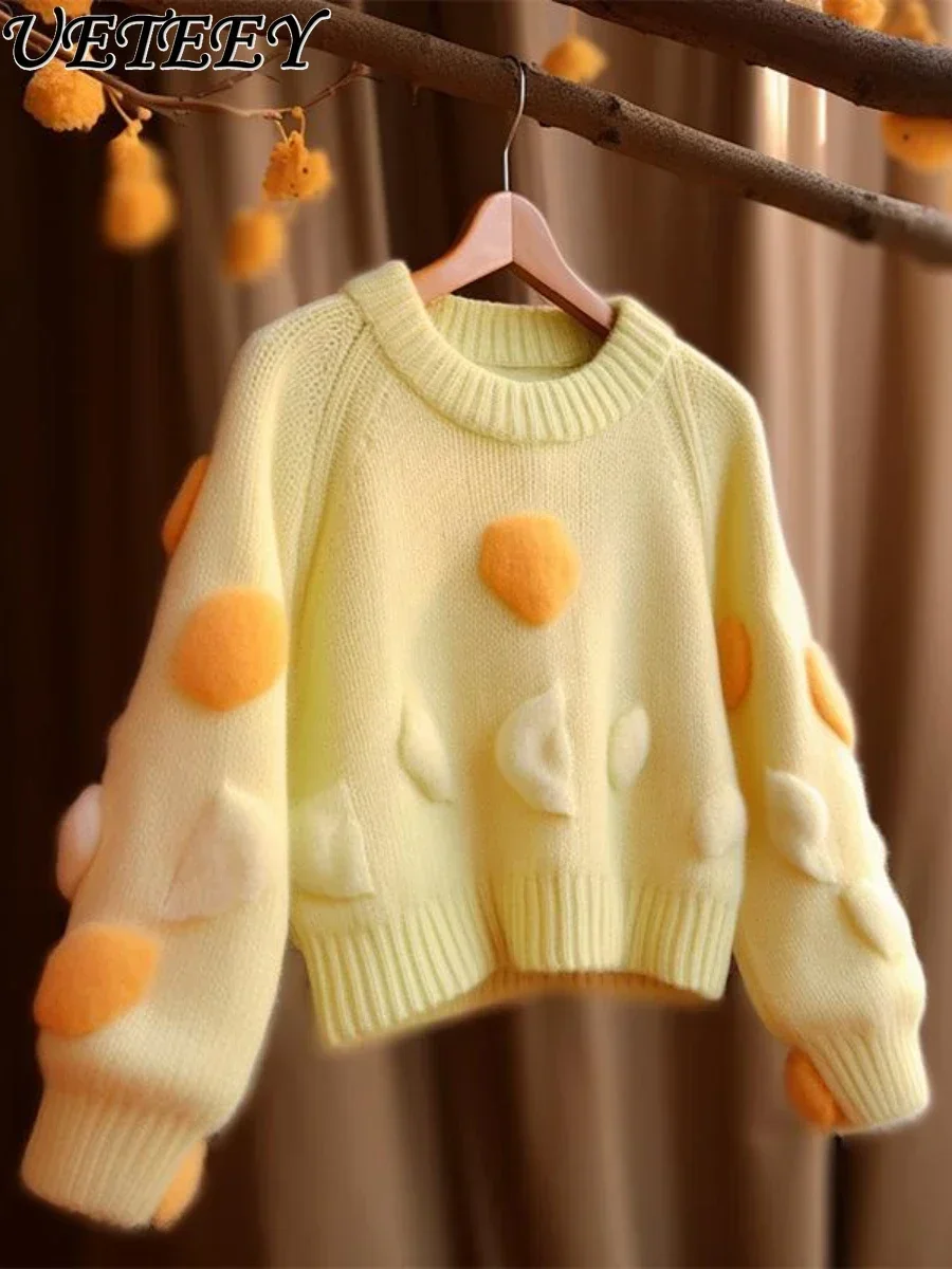 Autumn Winter New Beautiful Sweet Sweater Pullover Women's Jumper High-Grade Yellow Round Neck Crocheted Knitted Sweaters Top