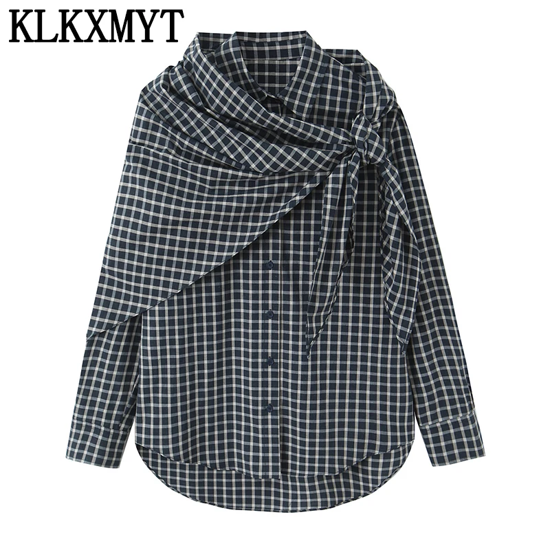 KLKXMYT 2026 Camicia Elegante da Donna a Maniche Lunghe con Fiocco e Patchwork Irregolare a Quadri, Nuova Blusa Primaverile alla Moda per Tutti i Giorni 
