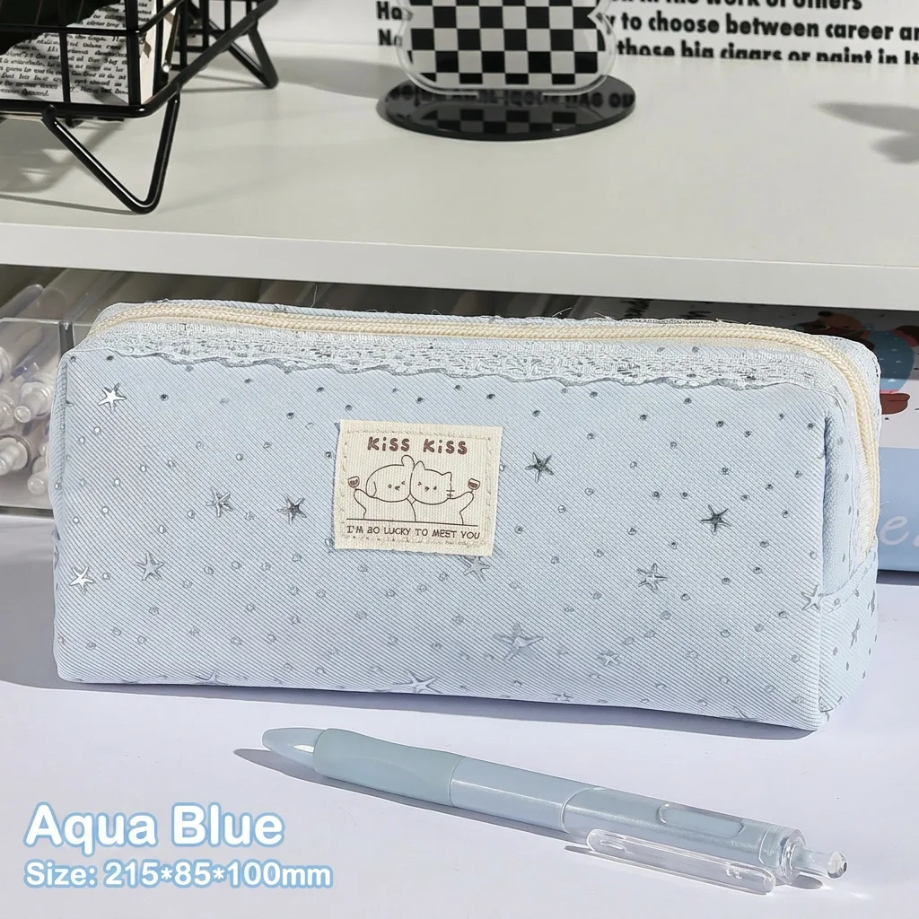 Multi-Layer Stationery Pouch Stylish Large Capacity Pencil Organizer Silver Star Pattern Pencil Case Minimalist For Stationery