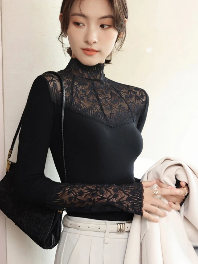 الجوف خارج محبوك البلوزات البلوفرات النساء ربيع الخريف الدانتيل البلوزات قمصان عادية كم طويل المرقعة الياقة المدورة سليم القمم