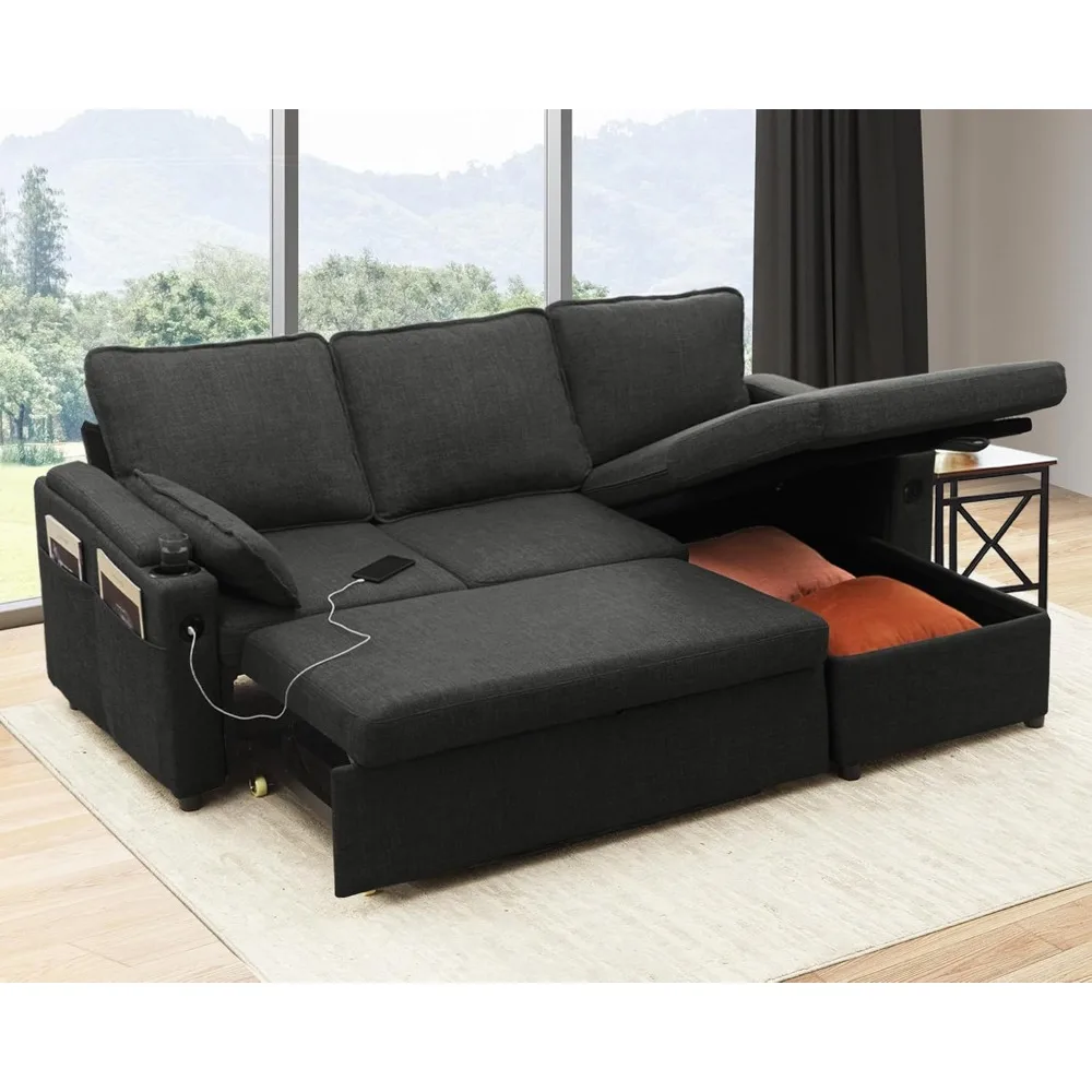 Sofa Bed Sleeper Pull Out 2 in 1 Sectional Sleeper Couches with Storage, USB, Cup Holder, Pullout Sectional Couches, Sofa