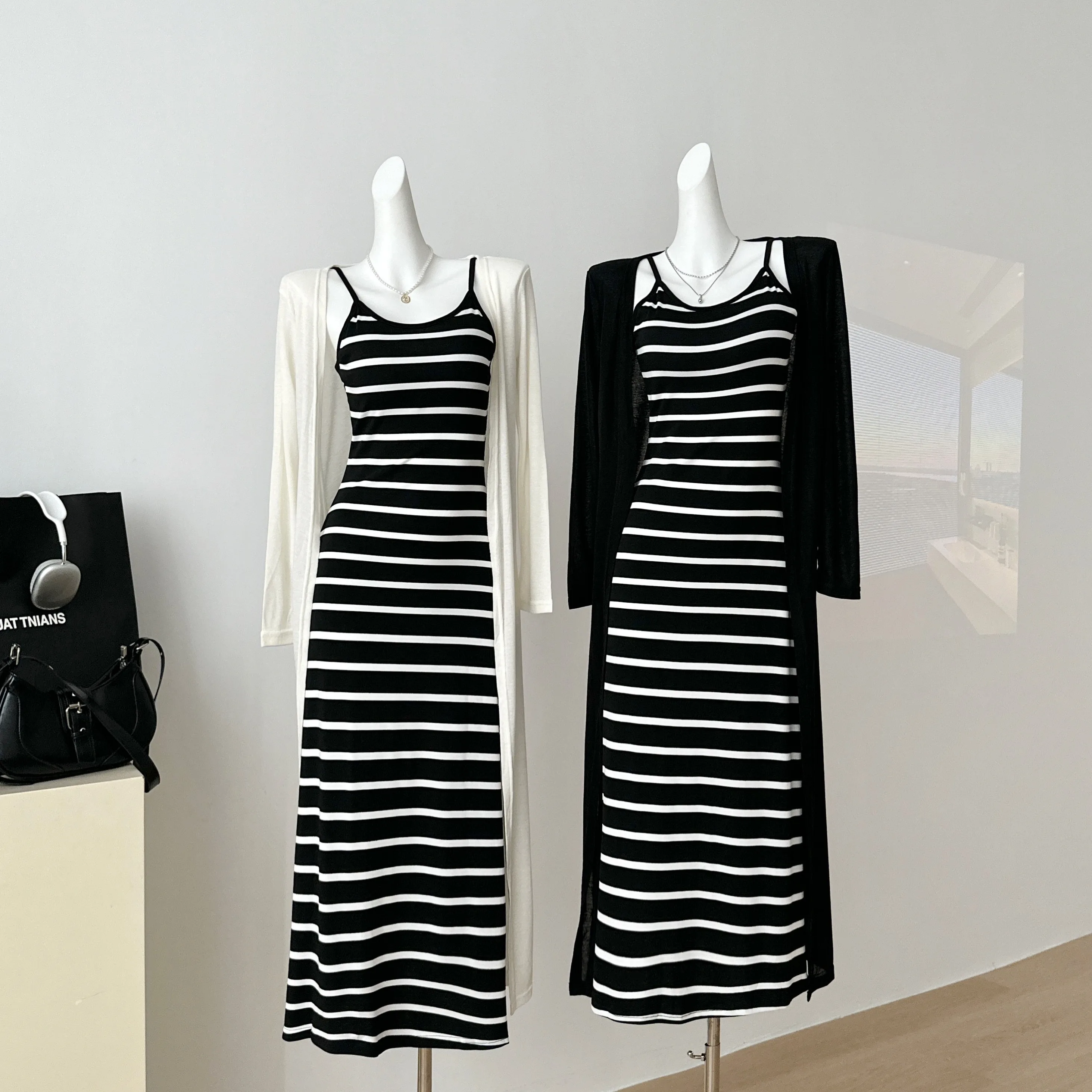 

Autumn New plus Size Long Open Cardigan Women's Dr Two-Piece Set Svel Belted Slim Fit with Chest Pad Lazy Sle