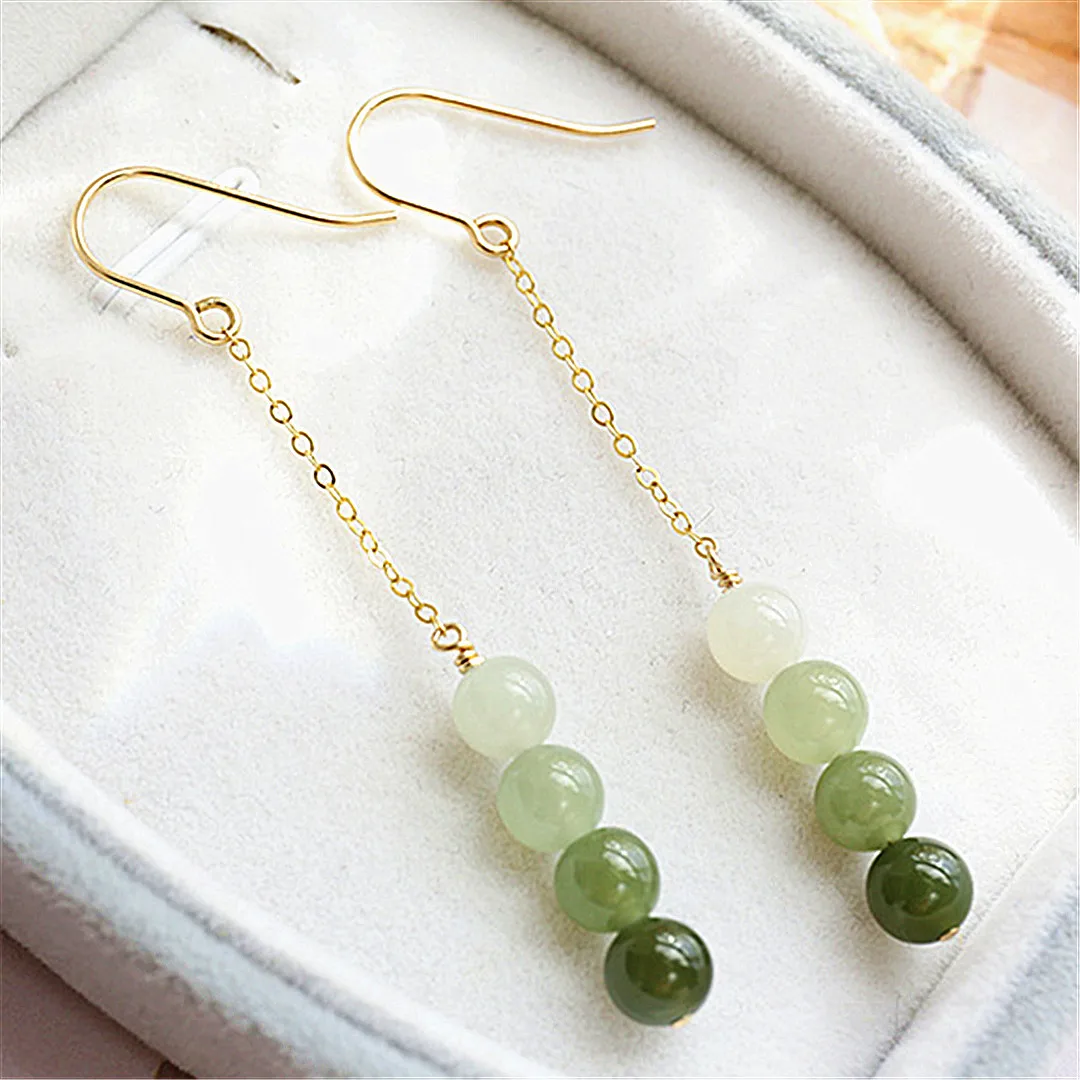 Nowy Hetian Jade Bead długie zwisające kolczyki dla kobiet zielone gradientowe koraliki Dangle kolczyki mogą być noszone bez przebitych uszu biżuteria — zdjęcie 3