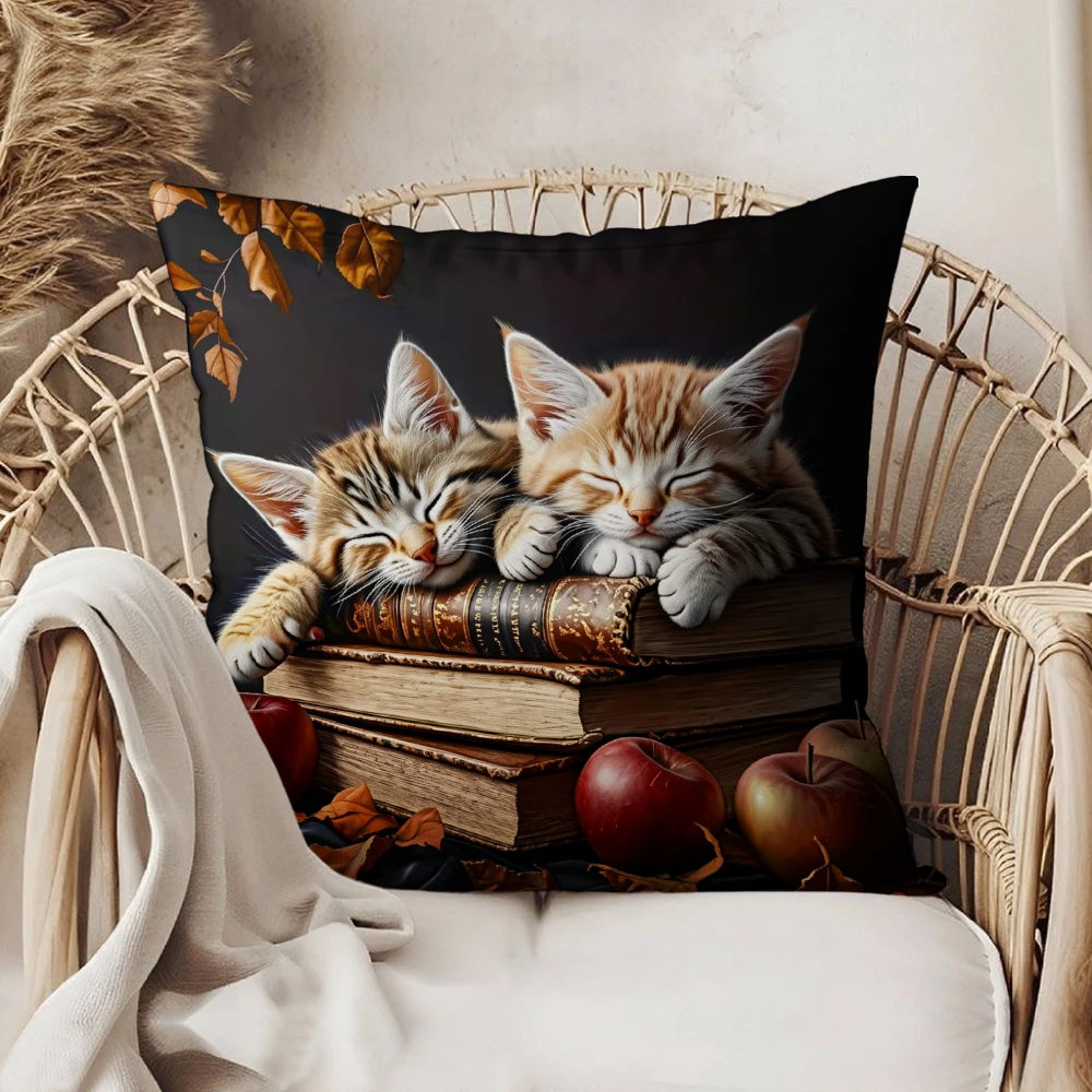 Square Throw Pillow Case Black Sleeping Kittens On Books With Apples And Autumn Leaves Print For Sofa Bedroom Living Room Home D