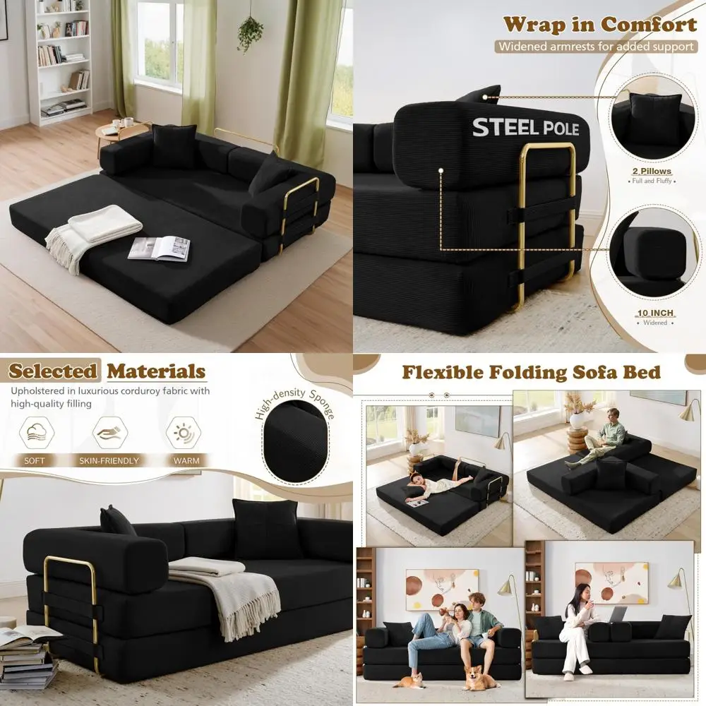 3-Seater Modern Corduroy Foam Futon Sofa Bed, King Size Fold Out Sleeper Lounge Loveseat Couch for Comfortable Sleep and Relaxat