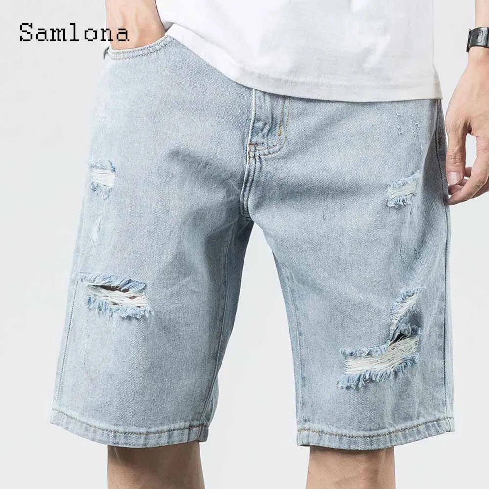 

Samlona Plus Size Men's Fashion Hole Ripped Demin Shorts Vintage Zipper Pocket Short Jeans 2023 Summer New Sexy Half Demin Pants