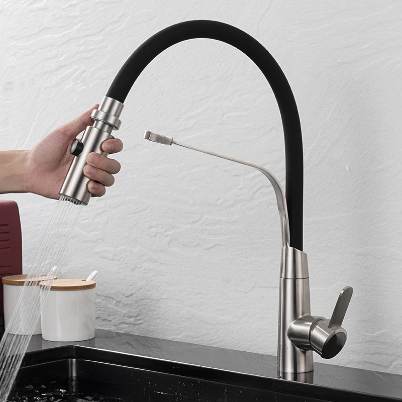 CDBM Kitchen Fixtures 10073 304 Stainless Steel 360° Rotatable Pull-Out Kitchen Sink Faucet with Hot & Cold Water CFG-051