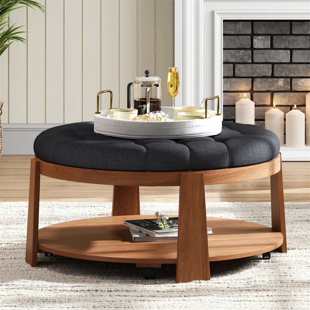 

Modern Large Round Ottoman Coffee Table 2-Tier Oversized Button Tufted Ottoman with Wood Shelf Storage Upholstered Coffee Table