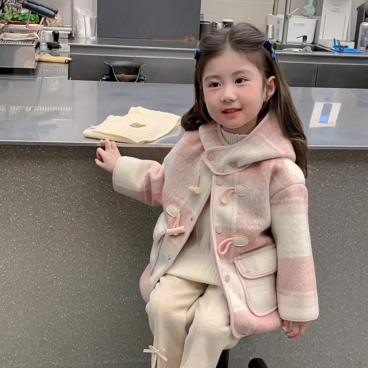 

Стильное пальто с капюшоном для маленьких девочек: розовая куртка в клетку, теплая уютная шерстяная ткань, модная осенне-зимняя верхняя одежда для детей