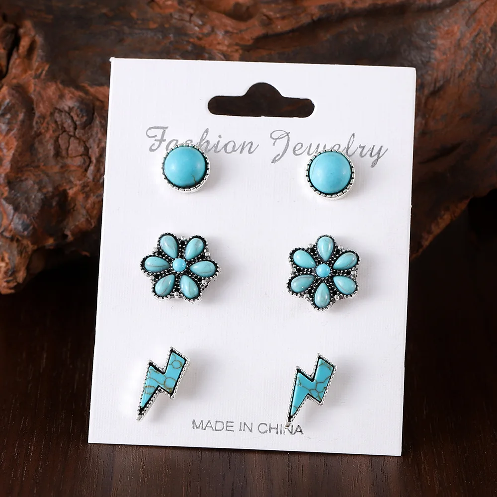 3-Pack Southwest Earrings -Navajo Style Lightning Bolt / Turquoise Flower Stud Earrings Set Wholesale - December Birthday Gift