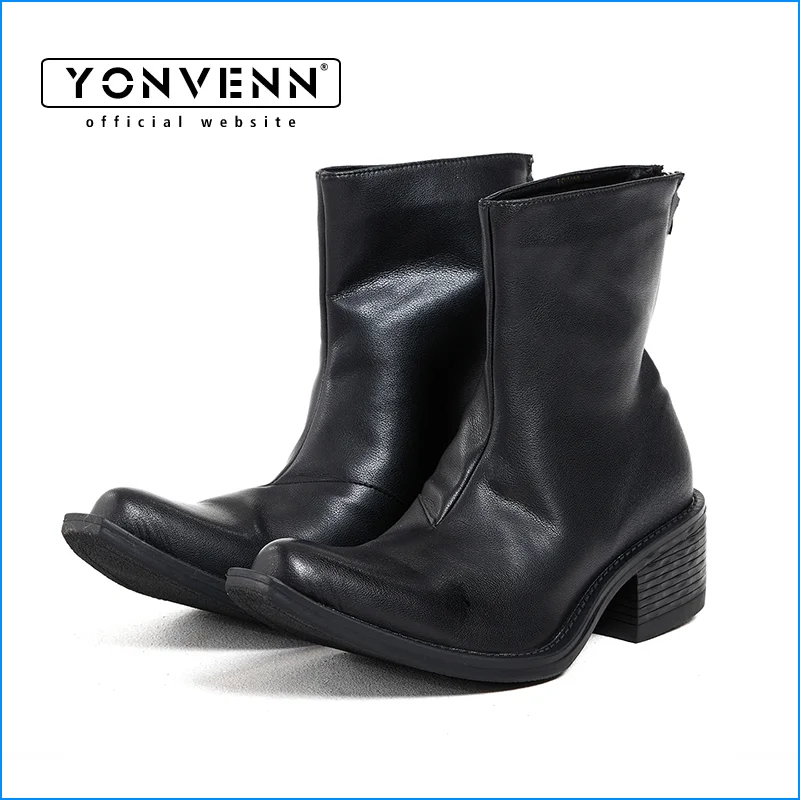 Black vintage wizard boots with upturned toe pointed square toe for men's thick heel high zipper Chelsea shoes