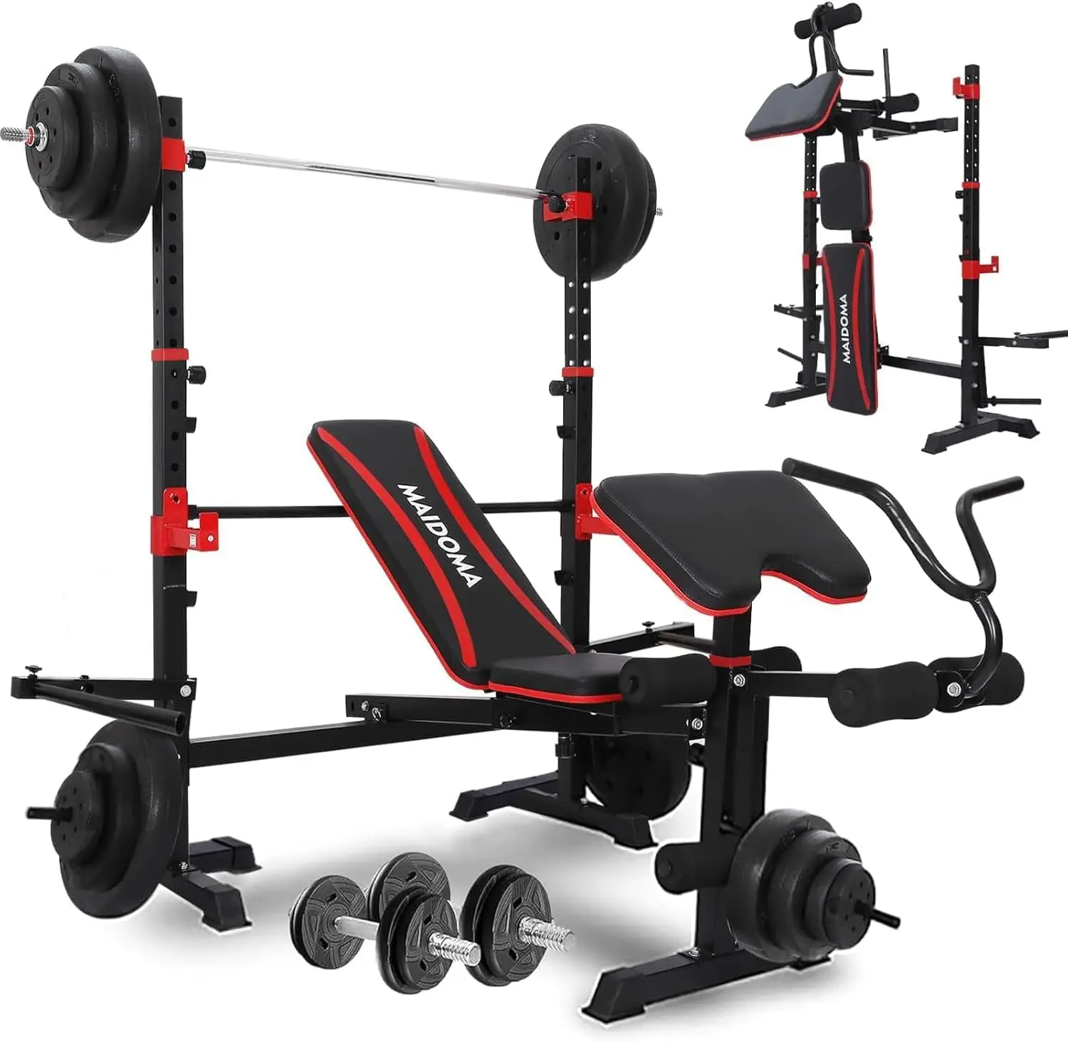 6 IN 1 Olympic Weight Bench with Leg Extension and Leg Curl, Foldable Bench Press with Preacher Curl and Squat Rack, Work