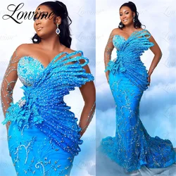 Luxury Blue Arabic African Long Mermaid Evening Gowns Full Sleeves Beaded Crystals Formal Party Dress Custom Made Prom Dresses