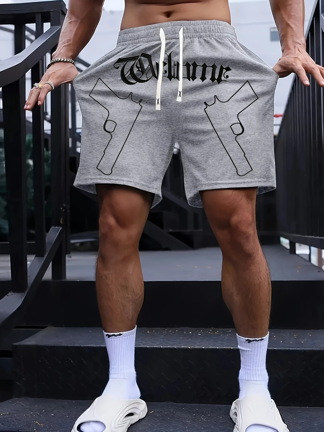 Men'S Stylish Casual Sports Shorts with A Double-Gun Creative Print, Made From Material with A Slight Stretch