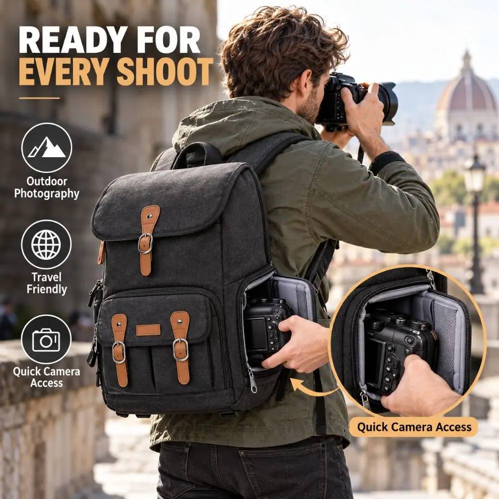 Water Resistant Camera Backpack Shockproof Padding Wear Resistant Photography Pack Luggage Strap Breathable Straps