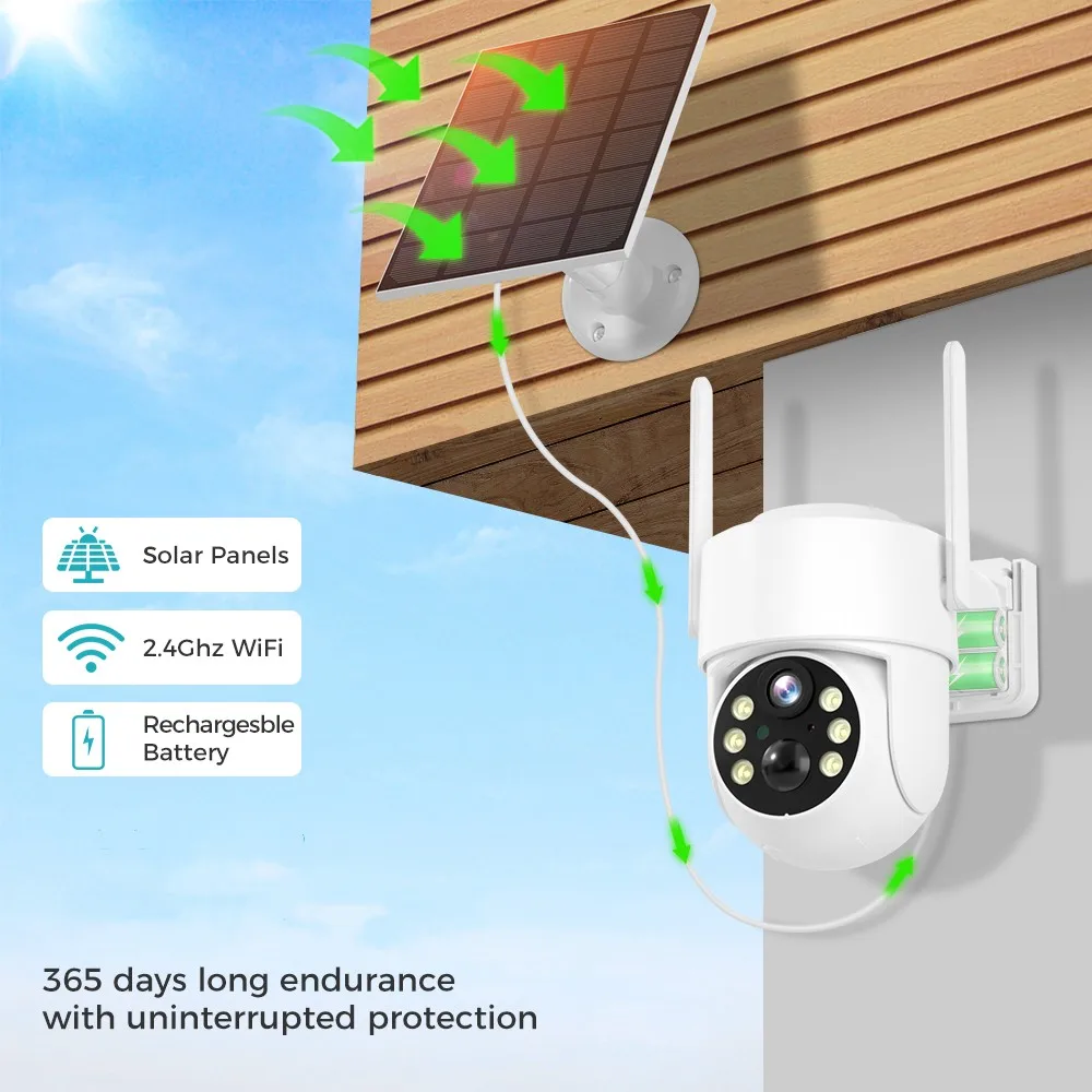 WIFI พลังงานแสงอาทิตย์กล้อง 4MP PIR Human Detection การรักษาความปลอดภัยกลางแจ้งพร้อมแผงพลังงานแสงอาทิตย์การเฝ้าระวังไร้สาย PTZ แบตเตอรี่กล้อง iCsee