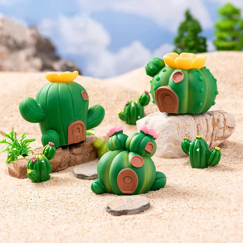 Creative Simulated Succulent Cactus Cottage House Miniatures Figurines Landscape Ornaments Home Decorations Accessories Gifts