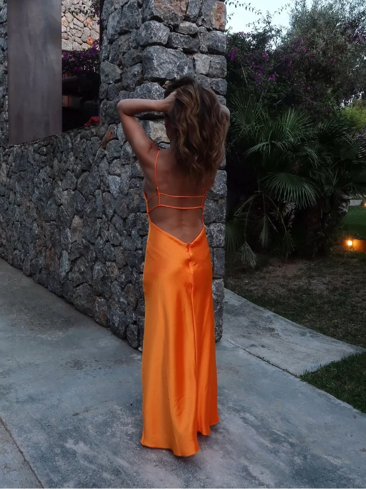 Sexy Butter Yellow Satin Party Dress Summer Women V Neck Backless Cami Straight Dresses 2025 Lady Holiday Street Vestidos New